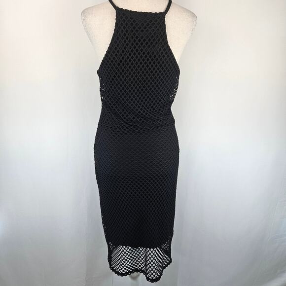 bobi Revolve Black Sheer Crochet Mesh High Neck Halter Bodycon Mini Dress M - Picture 5 of 10